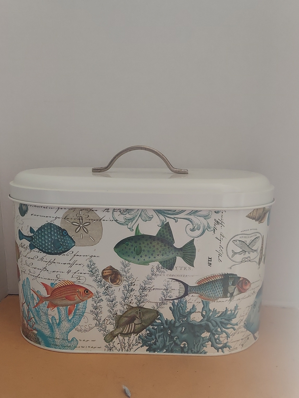 Decorative Fish-Print Tin Storage Box in White and Teal